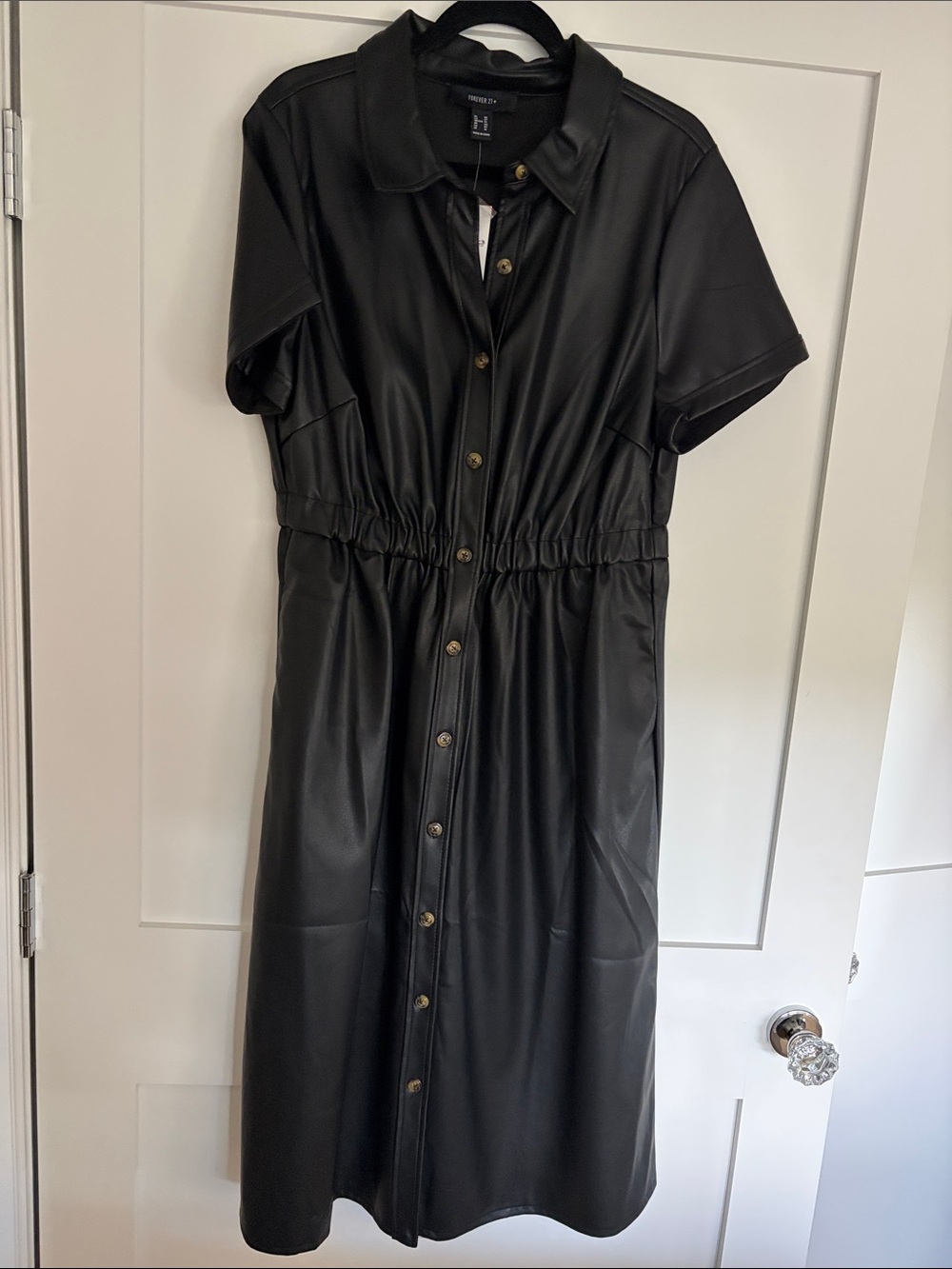 Forever 21 Black Faux Leather Button-Front Midi Dress